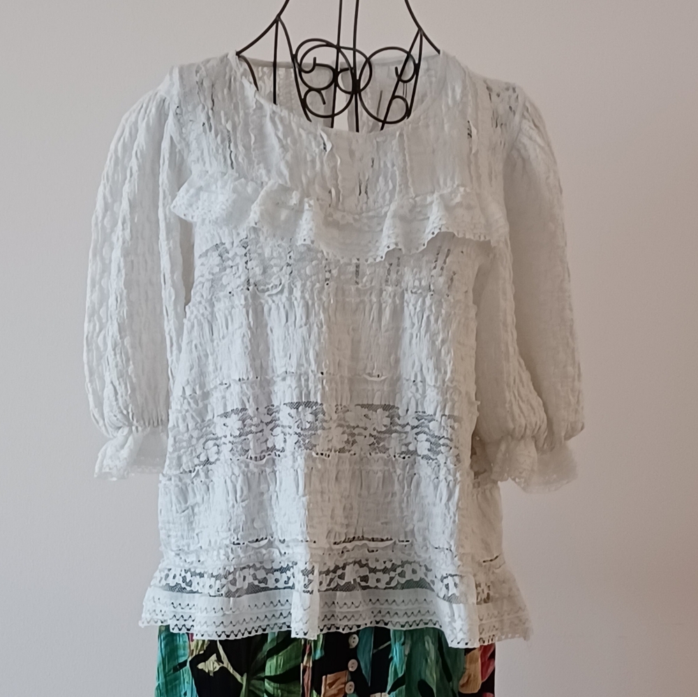 Anthropologie White Eyelet Ruffle Peasant Blouse